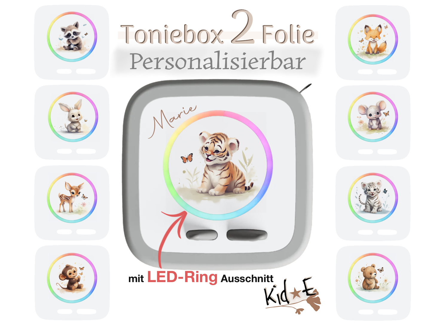 Bestseller Meistverkauft Toniebox 2 Schutzfolien Aufkleber - Kid E Handmade Zubehör mit Name personalisiert Maus Fuchs Beige Tiger Einhorn