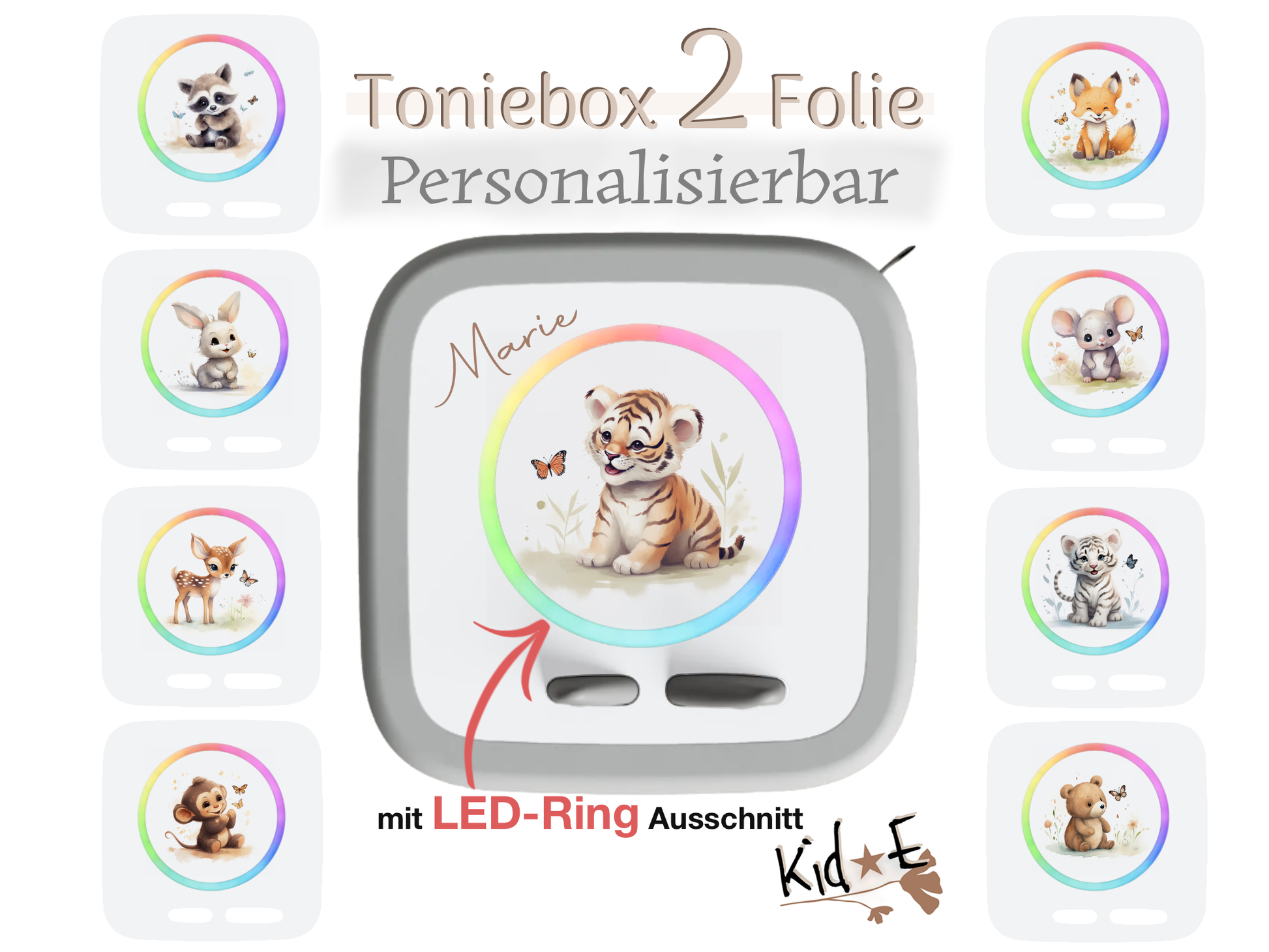 Bestseller Meistverkauft Toniebox 2 Schutzfolien Aufkleber - Kid E Handmade Zubehör mit Name personalisiert Maus Fuchs Beige Tiger Einhorn