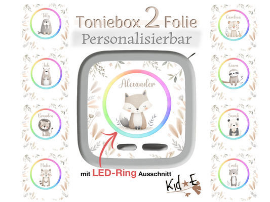 Bestseller Meistverkauft Toniebox 2 Schutzfolien Aufkleber - Kid E Handmade Zubehör mit Name personalisiert Boho Beige Tiere Fuchs Loewe Panda Tiger Waschbär Otter 