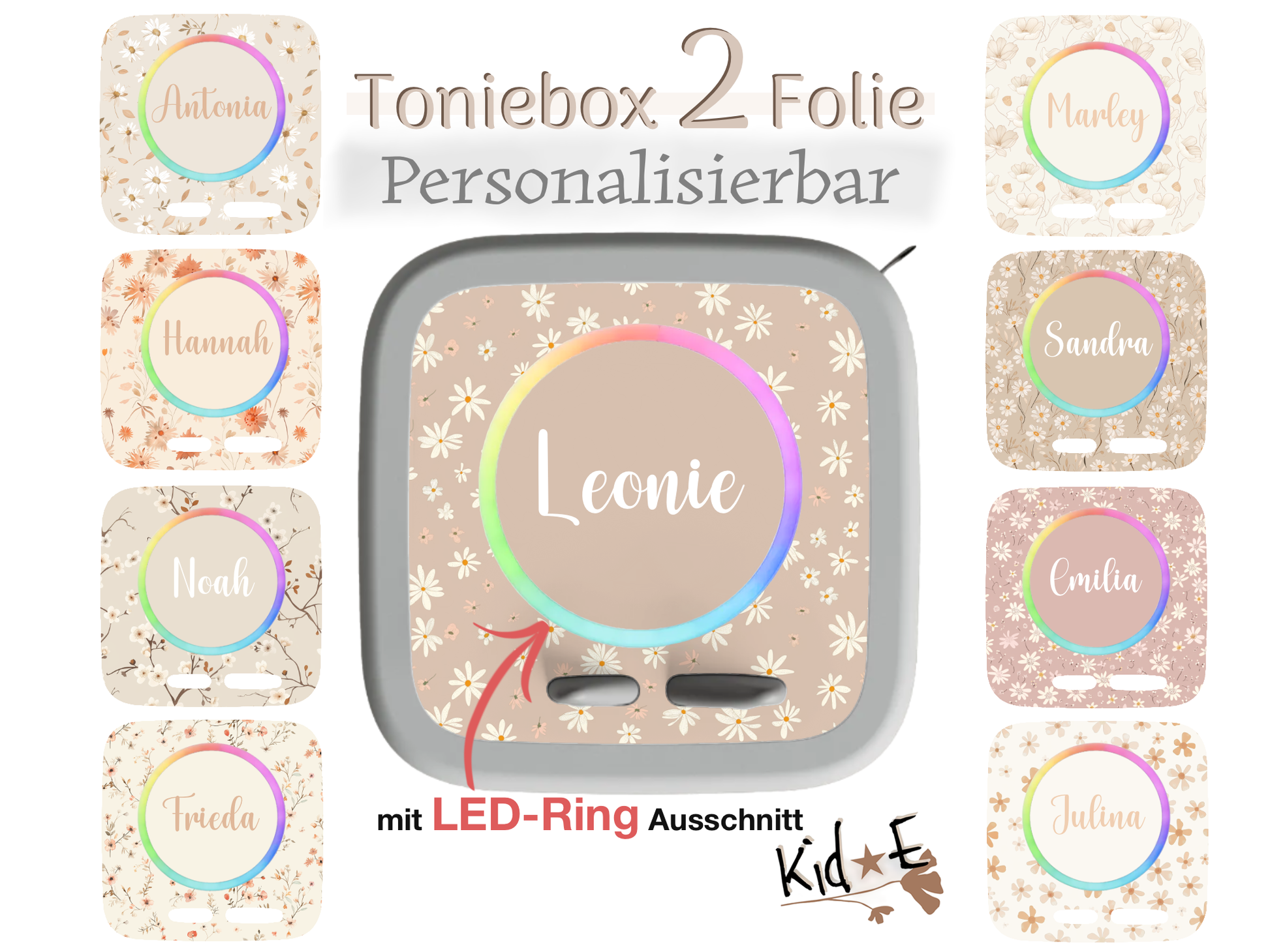 Bestseller Meistverkauft Toniebox 2 Schutzfolien Aufkleber - Kid E Handmade Zubehör mit Name personalisiert Boho Blumen Beige
