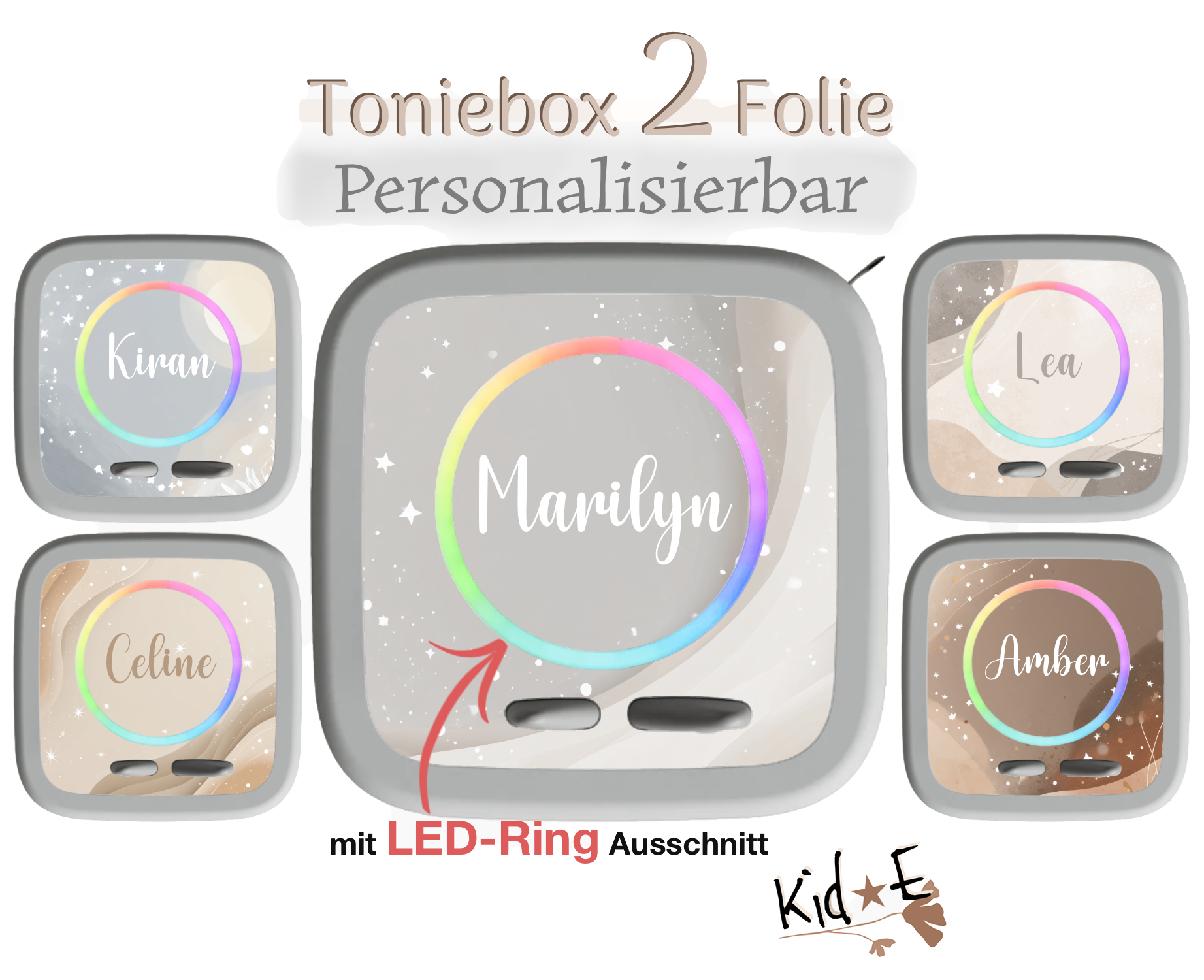 Bestseller Meistverkauft Toniebox 2 Schutzfolien Aufkleber - Kid E Handmade Zubehör mit Name personalisiert Beige Sterne Blau Rosa Grün Grau Weiss Braun Taupe Dustymint DustyBlue