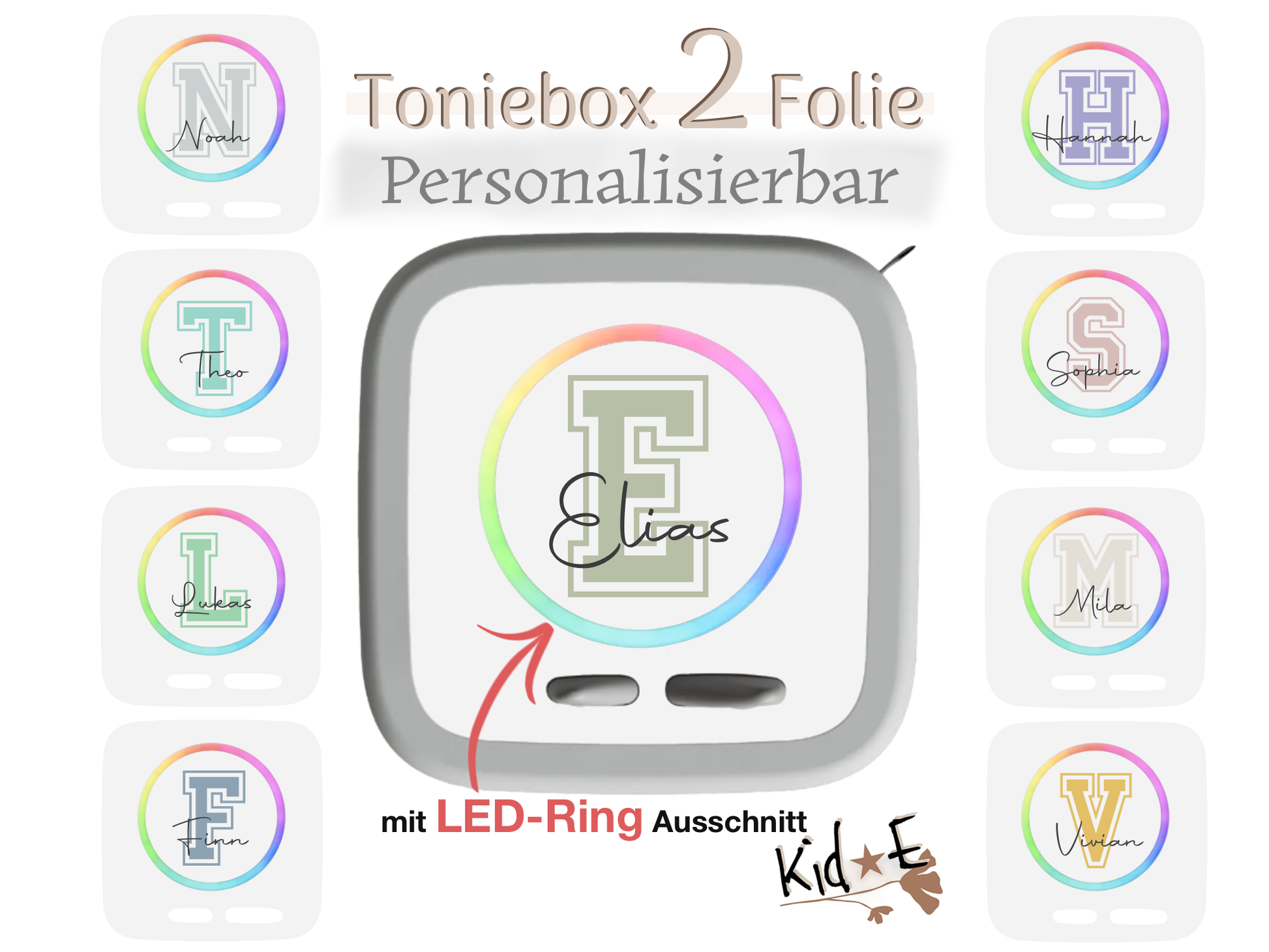 Bestseller Meistverkauft Toniebox 2 Schutzfolien Aufkleber - Kid E Handmade Zubehör mit Name personalisiert Initial Alphabet