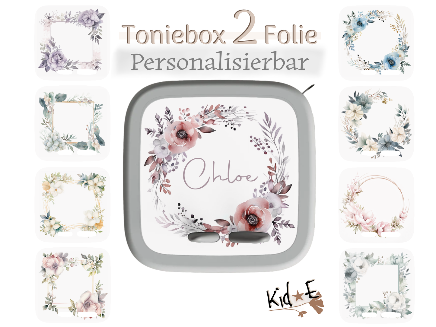 Toniebox 2 Schutzfolien Aufkleber - Kid E Handmade Boho Stil Blumen Rahmen Flower Frame Zubehör personalisiert mit Name