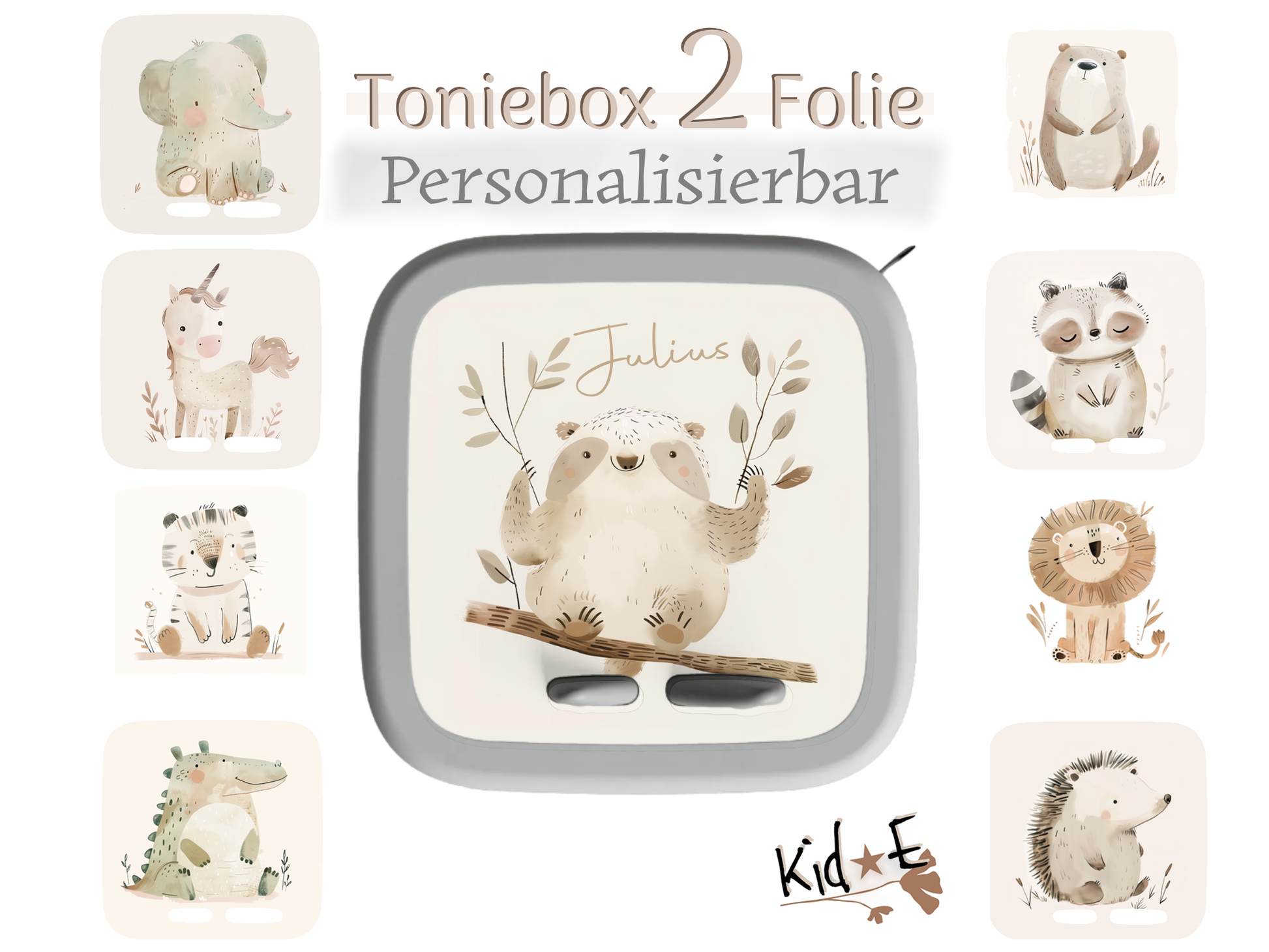 Toniebox 2 Schutzfolien Aufkleber - Kid E Handmade Boho Animals Beige Tiere Faultier Einhorn Krokodil Igel Otter Zubehör personalisiert mit Name