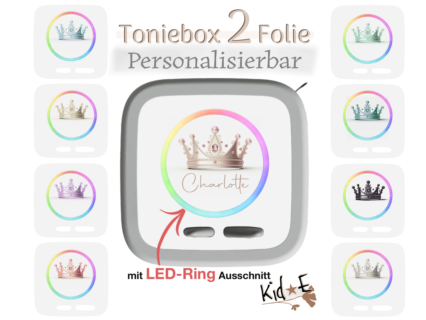 Toniebox 2 Schutzfolien Aufkleber - Kid E Handmade Zubehör mit Name personalisiert Krone Prinzessin