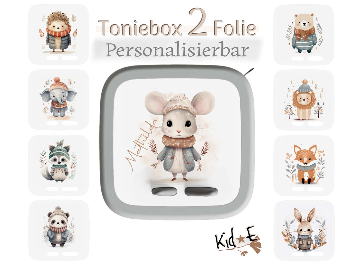Toniebox 2 Schutzfolien Aufkleber - Kid E Handmade Winter Scannt Animals Tiere Weihnachten Hase Löwe Fuchs Elefant Igel Panda Zubehör personalisiert mit Name