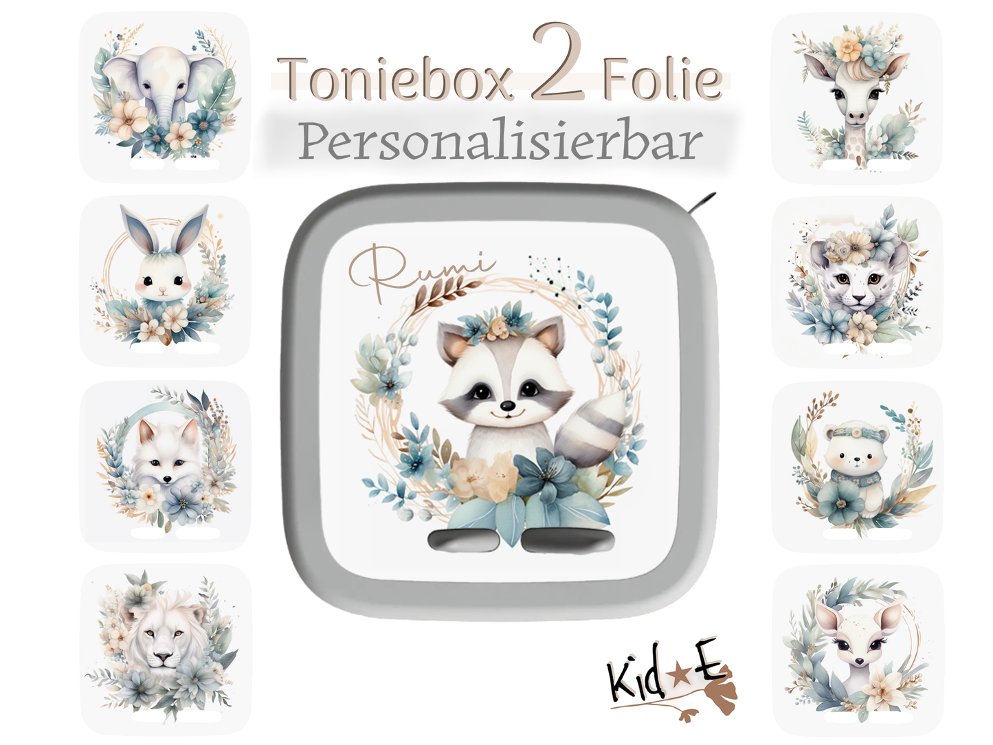 Toniebox 2 Schutzfolien Aufkleber - Kid E Handmade Fuchs Löwe Bär Reh Elefant Giraffe Tiger Waschbär Zubehör personalisiert mit Name
