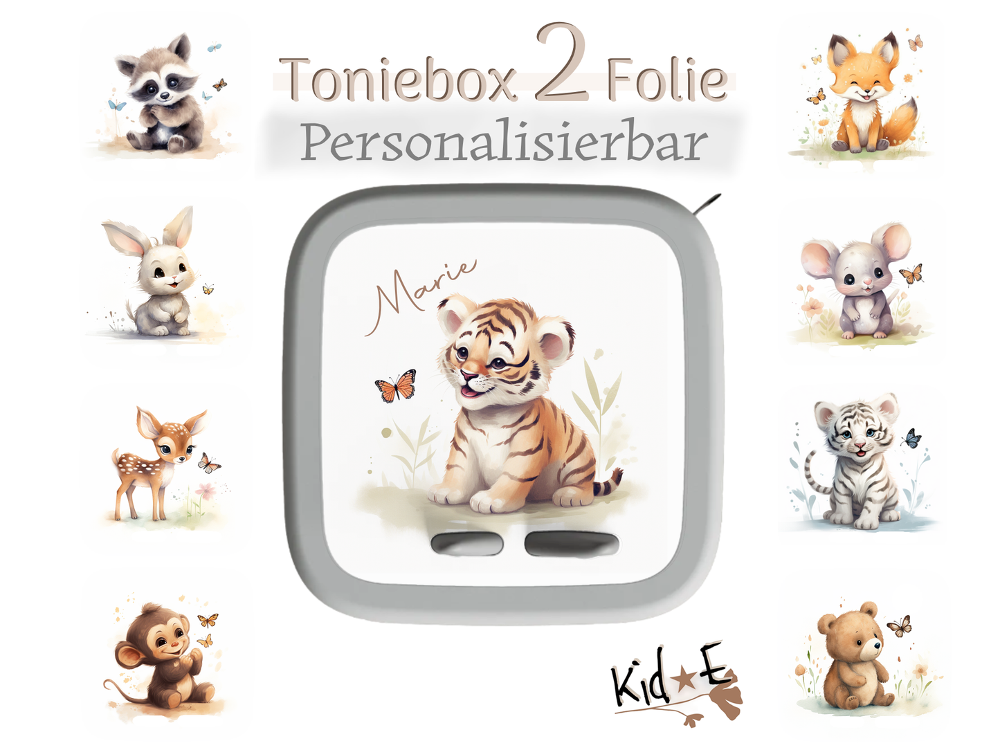 Toniebox 2 Schutzfolien Aufkleber - Kid E Handmade  Schmetterling Tiger Fuchs Maus Hase Reh Affe Zubehör personalisiert