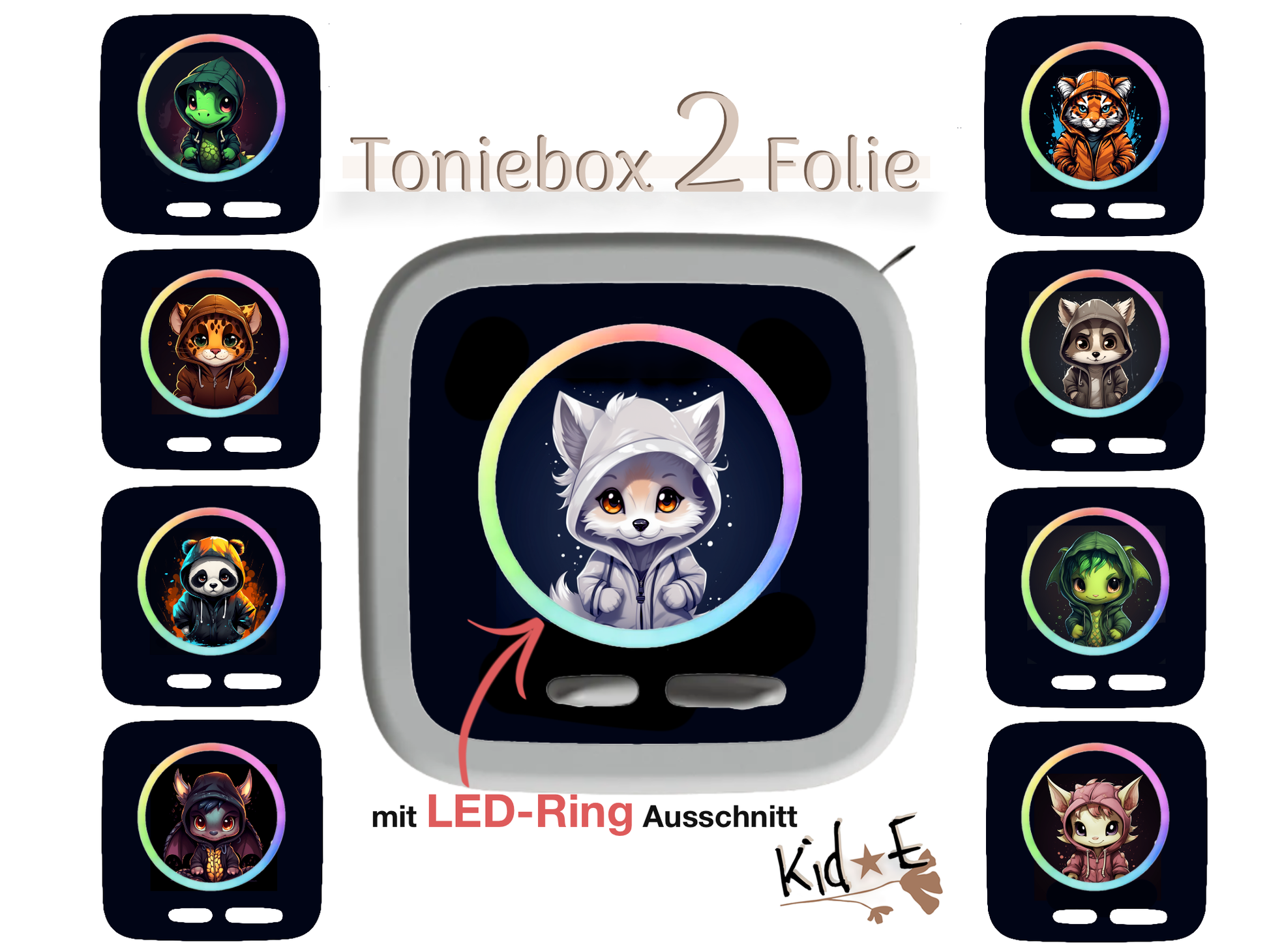 Toniebox 2 Schutzfolien Aufkleber - Kid E Handmade Zubehör dunkel Tiere Kapuze