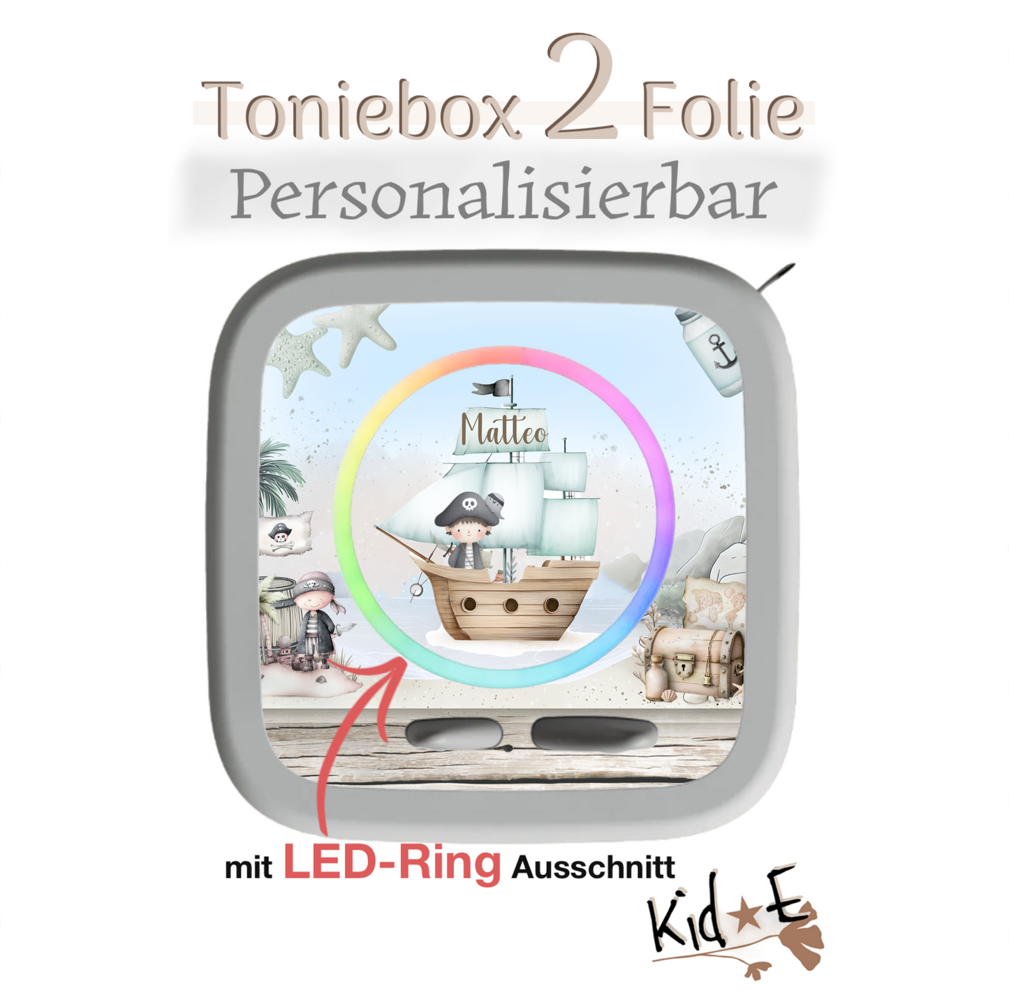 Toniebox 2 Schutzfolien Aufkleber - Kid E Handmade Zubehör mit Name personalisiert Pirat Junge Aquarell 