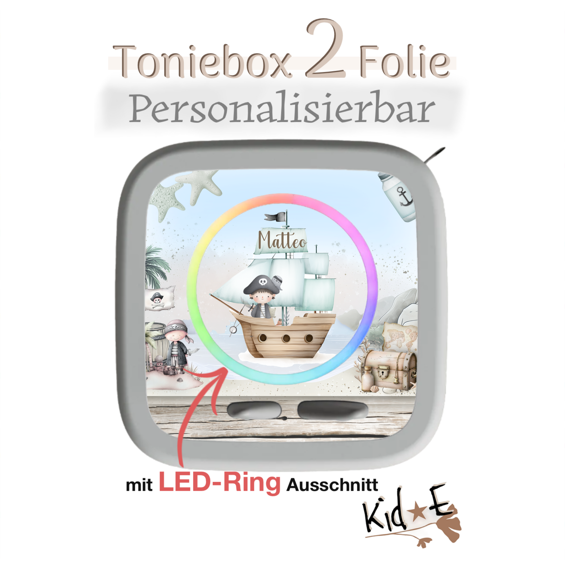Toniebox 2 Schutzfolien Aufkleber - Kid E Handmade Zubehör mit Name personalisiert Pirat Junge Aquarell 