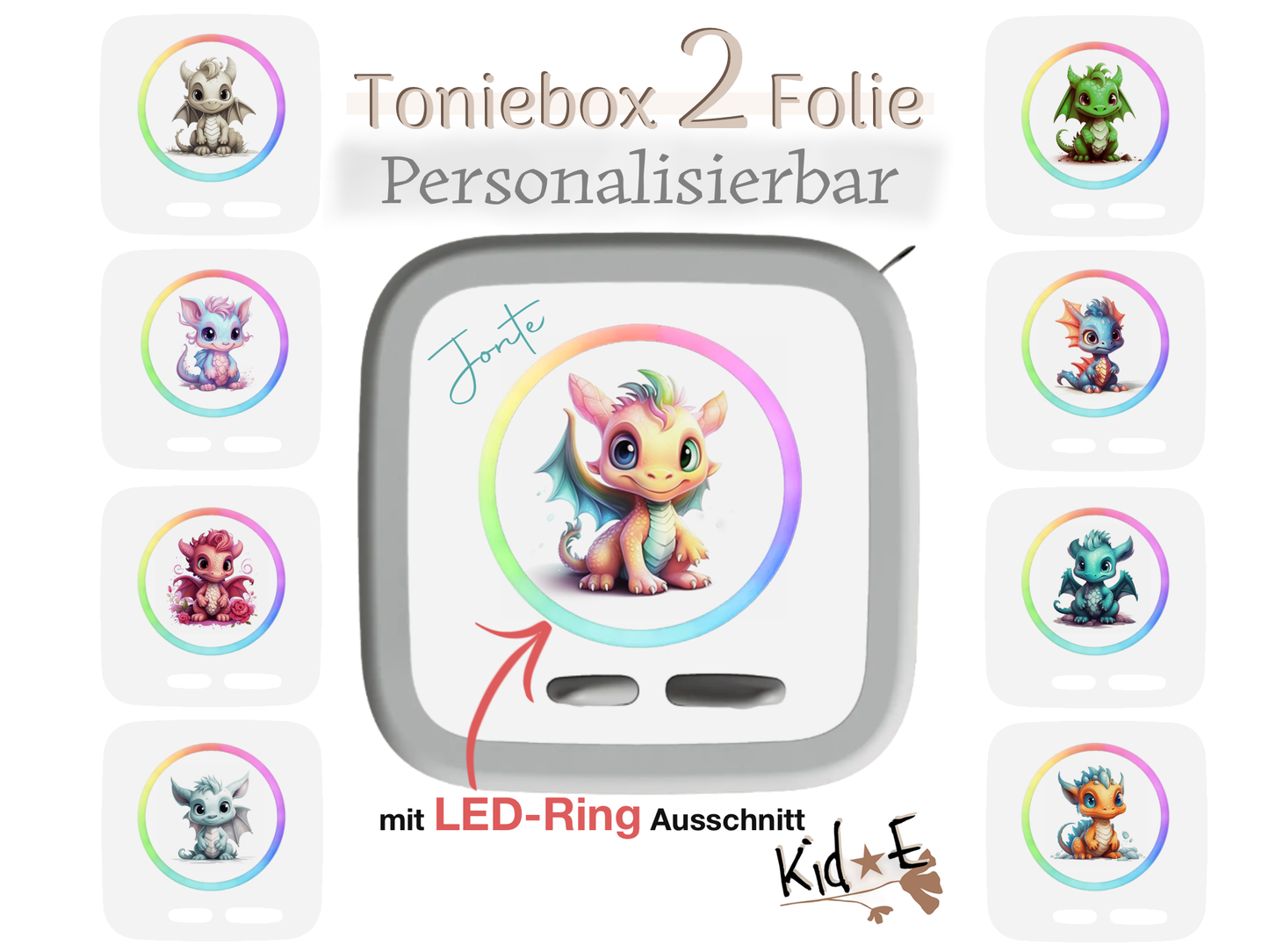 Toniebox 2 Schutzfolien Aufkleber - Kid E Handmade Zubehör mit Name personalisiert Drachen Blau Grün Gelb Pink Rosa Lila Grau Orange