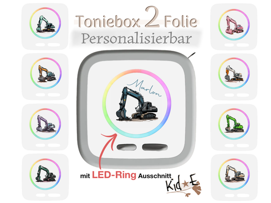 Toniebox 2 Schutzfolien Aufkleber - Kid E Handmade Zubehör mit Name personalisiert Bagger Blau Grün Rot Gelb Pink Rosa 