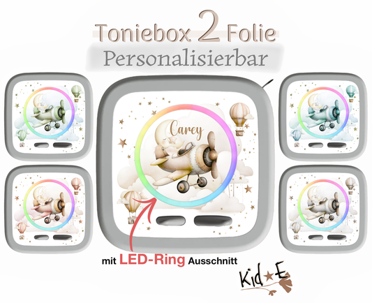 Toniebox 2 Schutzfolien Aufkleber - Kid E Handmade Zubehör mit Name personalisiert Flugzeug Beige Blau Grün Grau Rosa