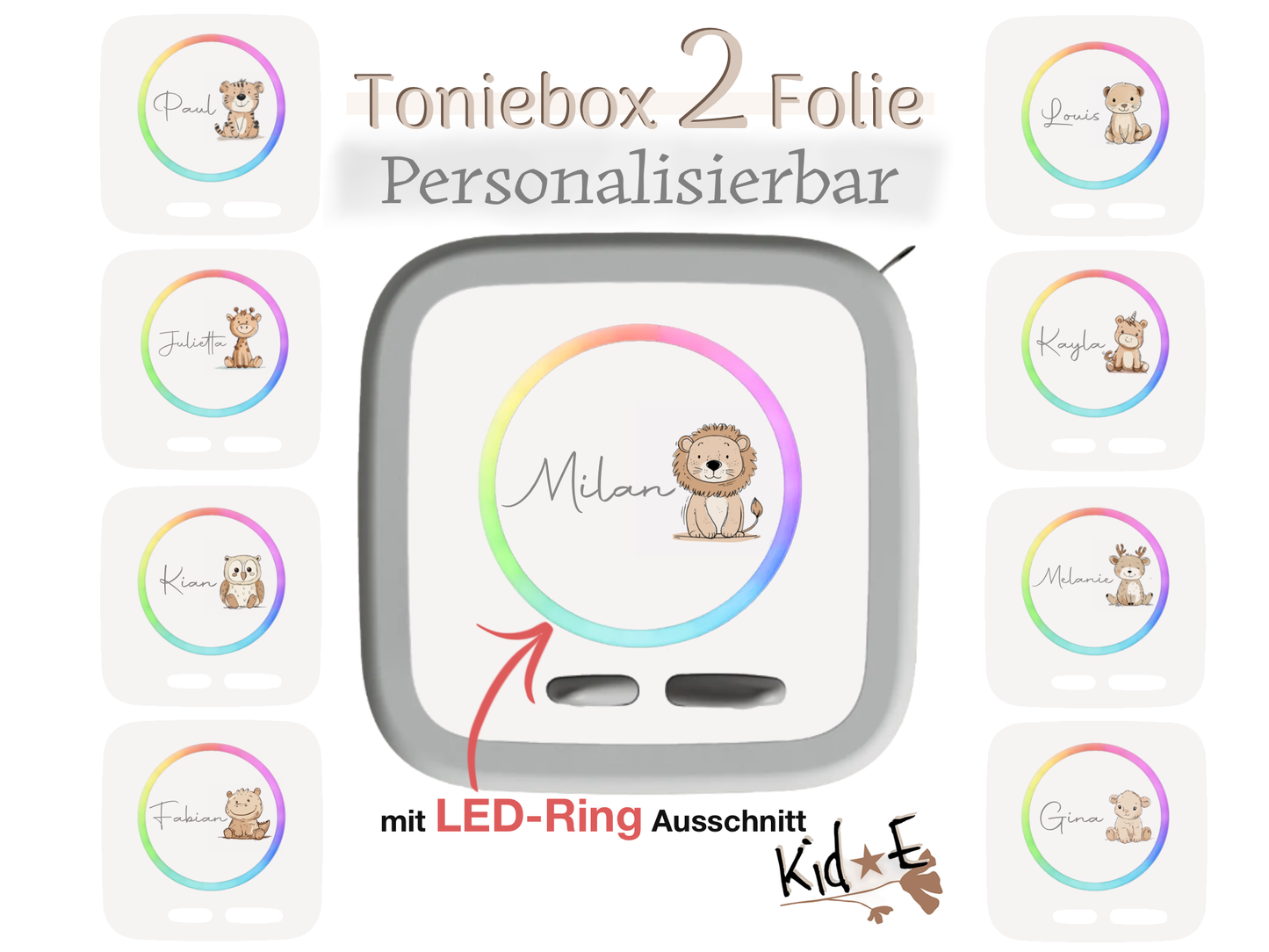 Bestseller Meistverkauft Toniebox 2 Schutzfolien Aufkleber - Kid E Handmade Zubehör mit Name personalisiert  Löwe Beige Eule Tiger Einhorn Lamm Krokodil