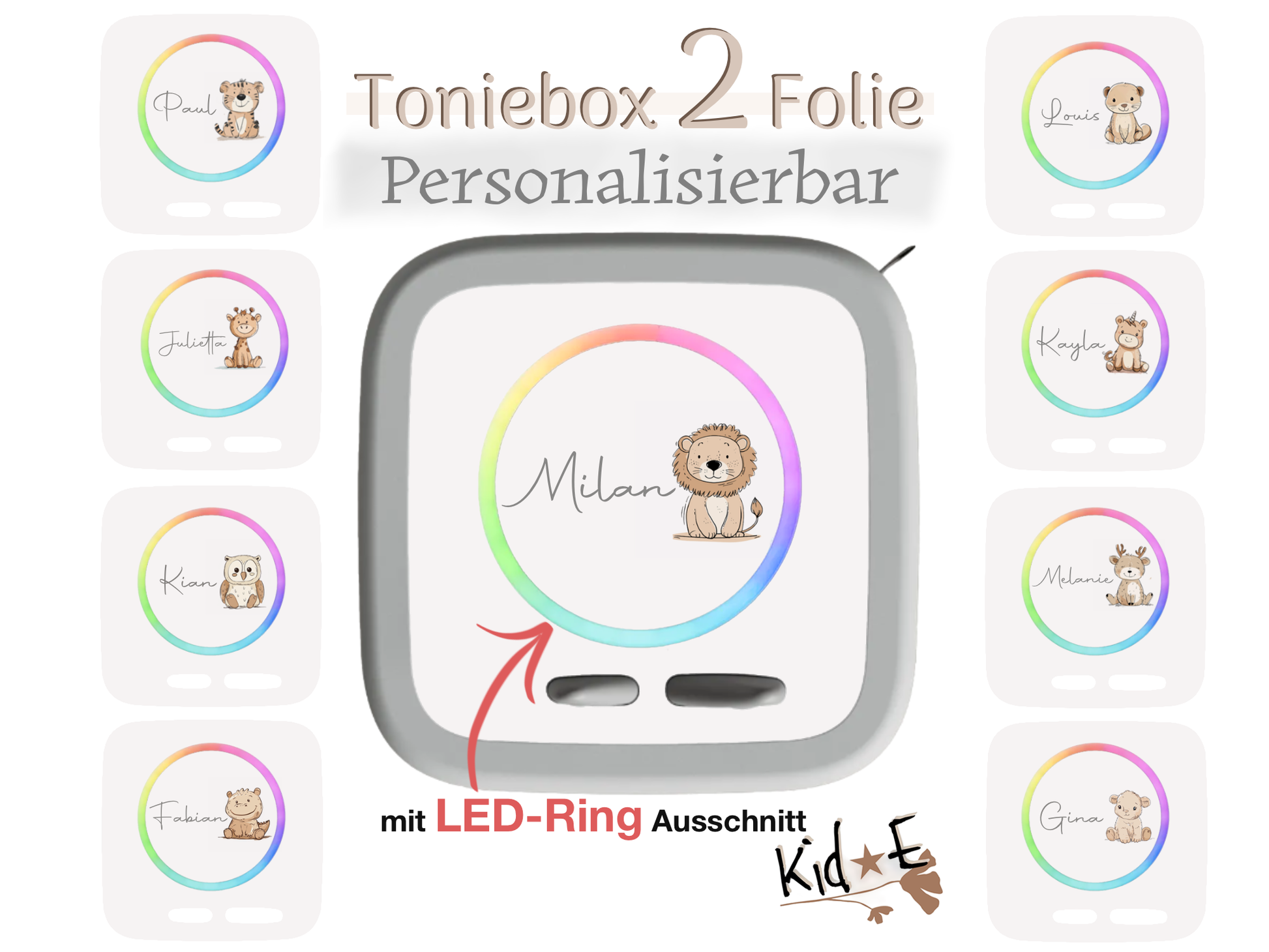 Bestseller Meistverkauft Toniebox 2 Schutzfolien Aufkleber - Kid E Handmade Zubehör mit Name personalisiert  Löwe Beige Eule Tiger Einhorn Lamm Krokodil