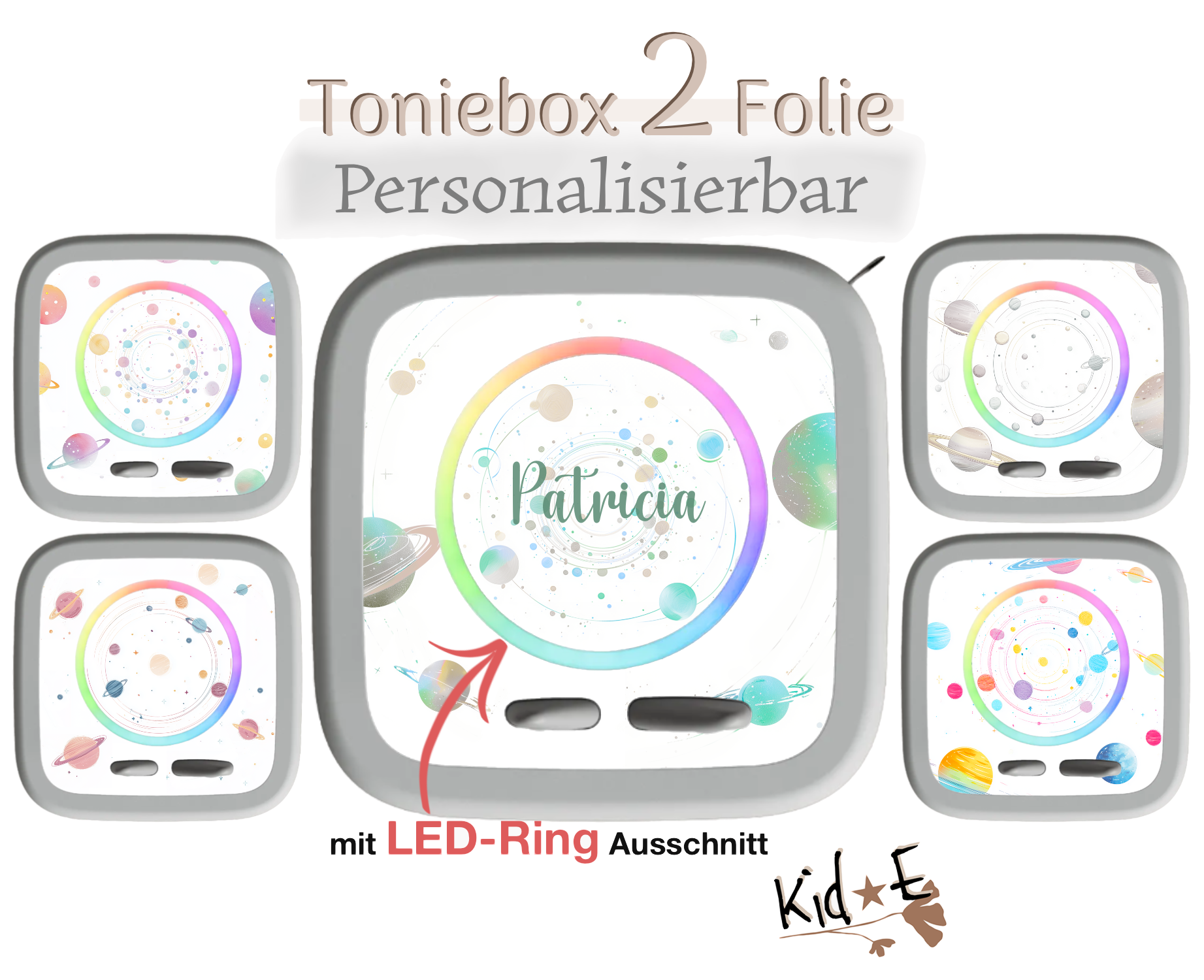Toniebox 2 Schutzfolien Aufkleber - Kid E Handmade Zubehör mit Name personalisiert Planeten Aquarell 