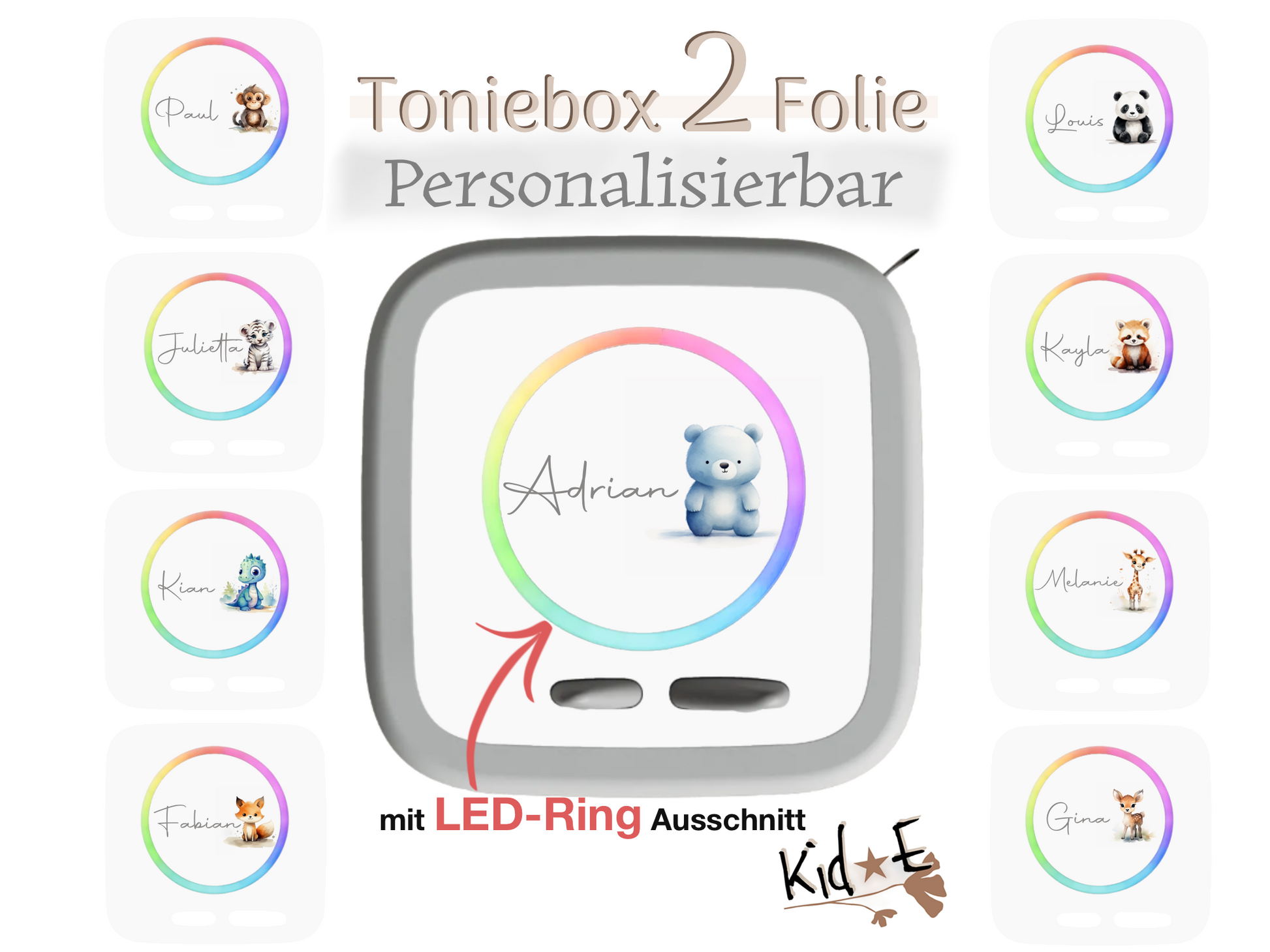 Toniebox 2 Schutzfolien Aufkleber - Kid E Handmade Zubehör mit Name personalisiert Tiere minimalist