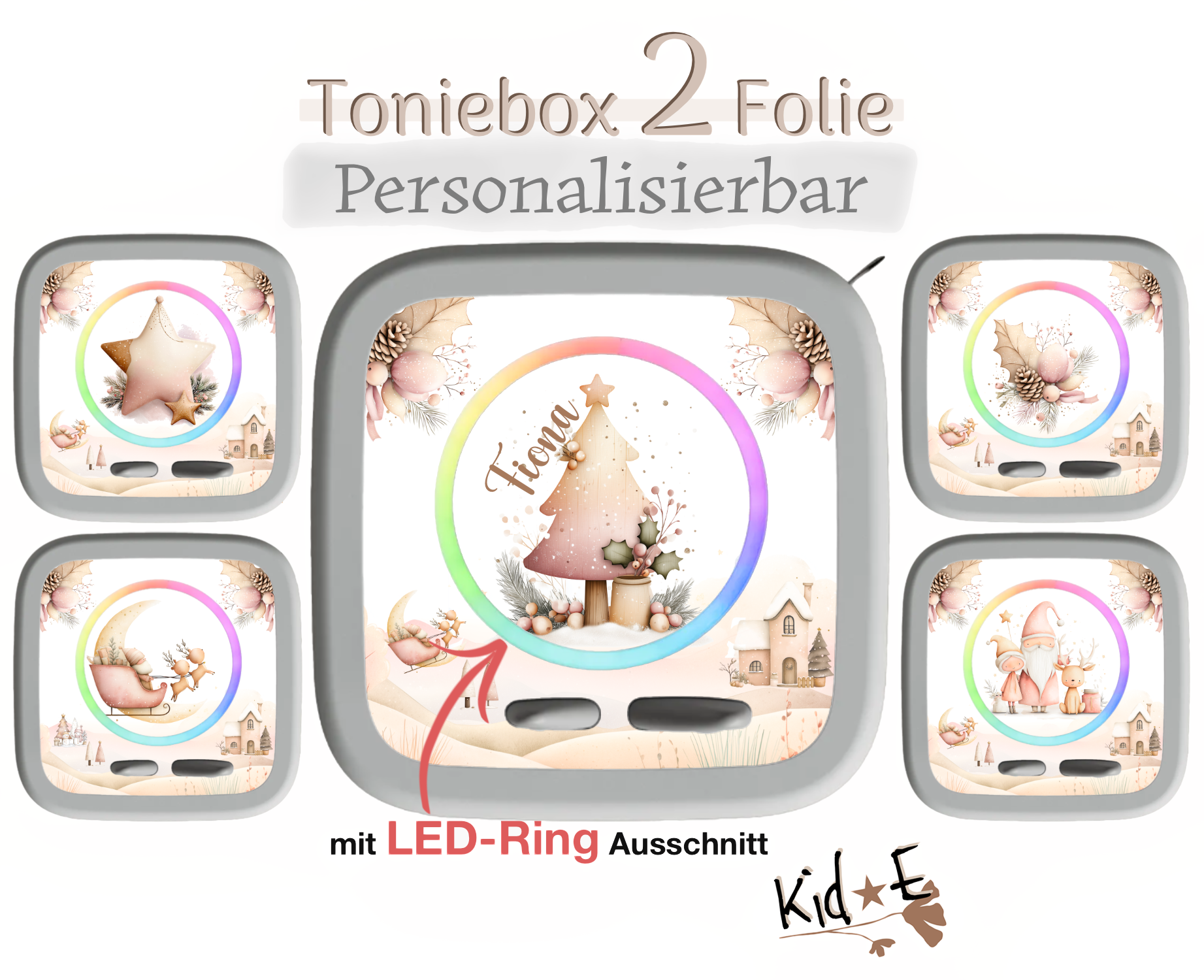 Toniebox 2 Schutzfolien Aufkleber - Kid E Handmade Zubehör mit Name personalisiert Weihnachtsmotiv Christmas Aquarell Rosa Pastell