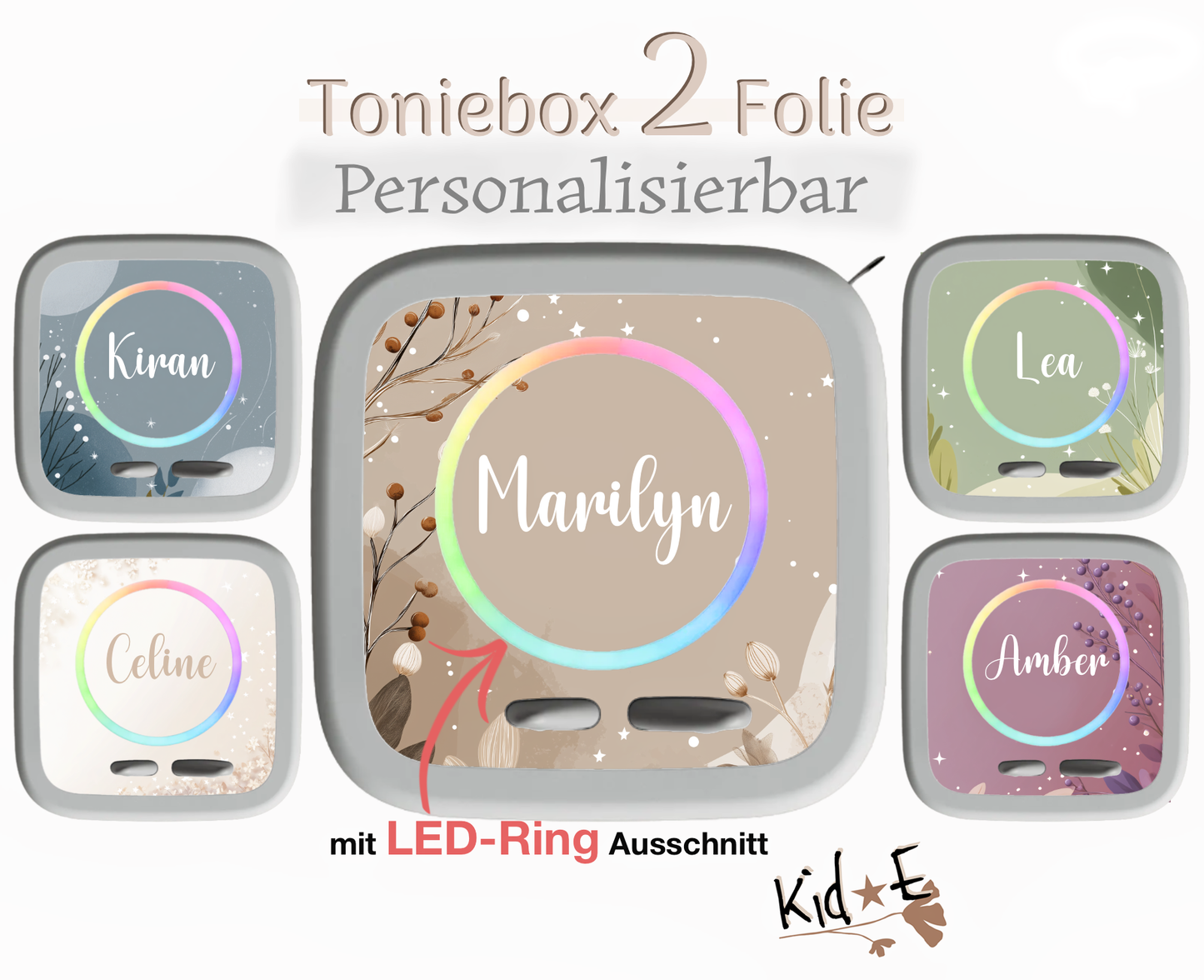 Toniebox 2 Schutzfolien Aufkleber - Kid E Handmade Zubehör mit Name personalisiert  Berries Bunt Altrosa Altlila Altfarbe Beige