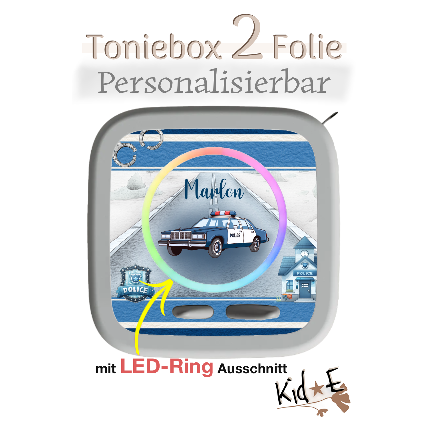 Toniebox 2 Schutzfolien Aufkleber Folie - Kid E Handmade Zubehör mit Name personalisiert Polizei Auto Blau
