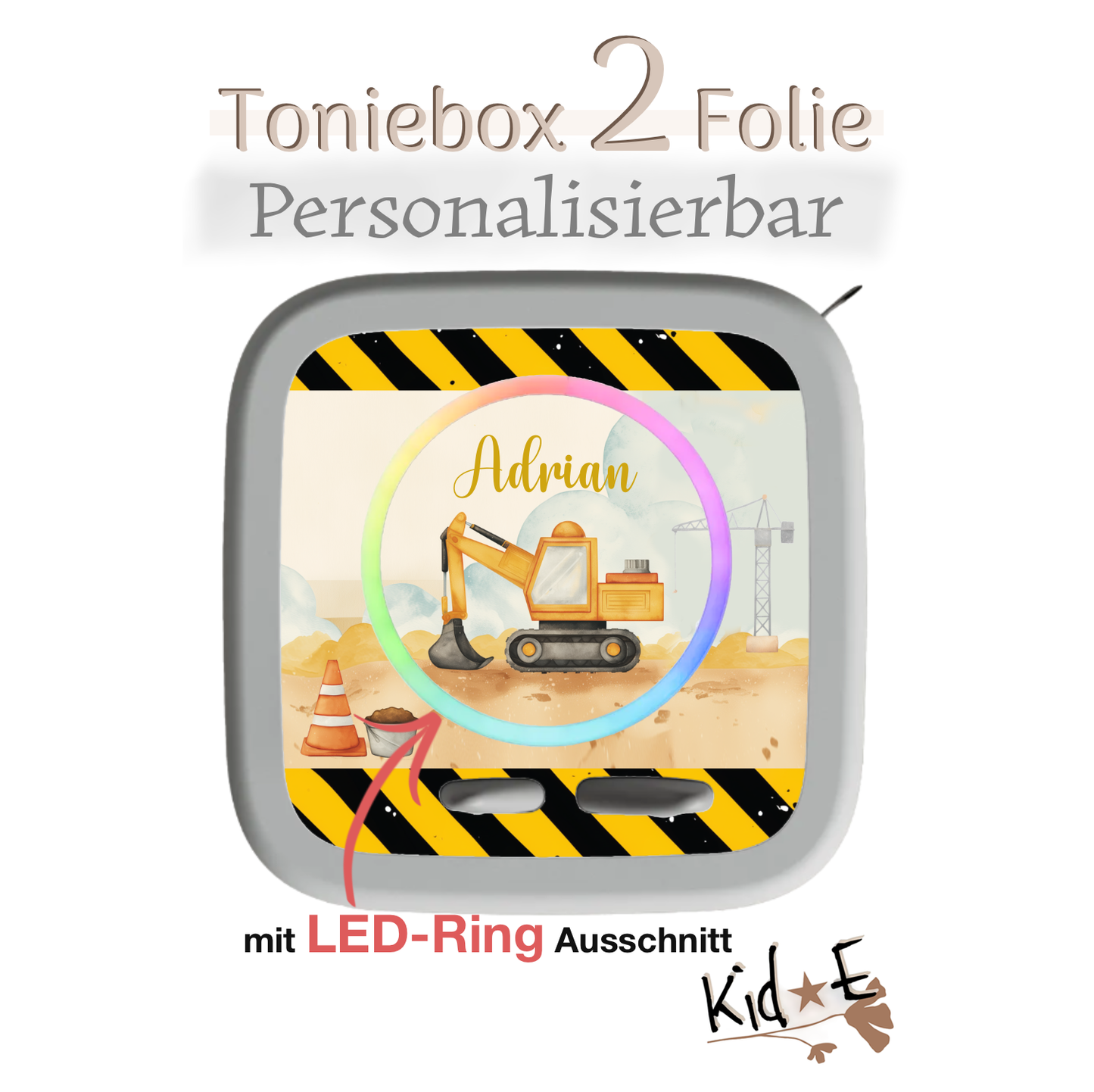 Toniebox 2 Schutzfolien Aufkleber Folie - Kid E Handmade Zubehör mit Name personalisiert Bagger Baustelle Gelb