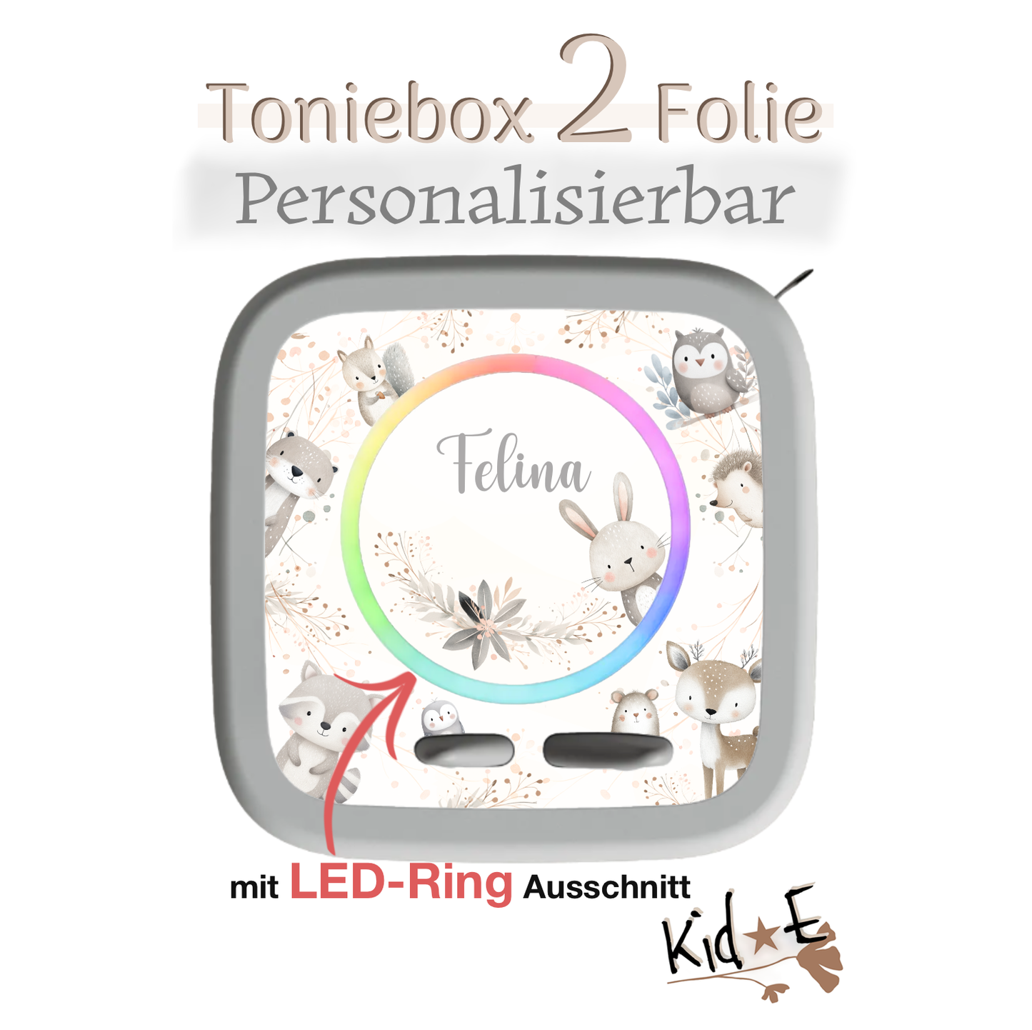 Toniebox 2 Schutzfolien Aufkleber Folie - Kid E Handmade Zubehör mit Name personalisiert Beige Waldtiere Maus Reh Hase Igel Otter Eule Waschbär