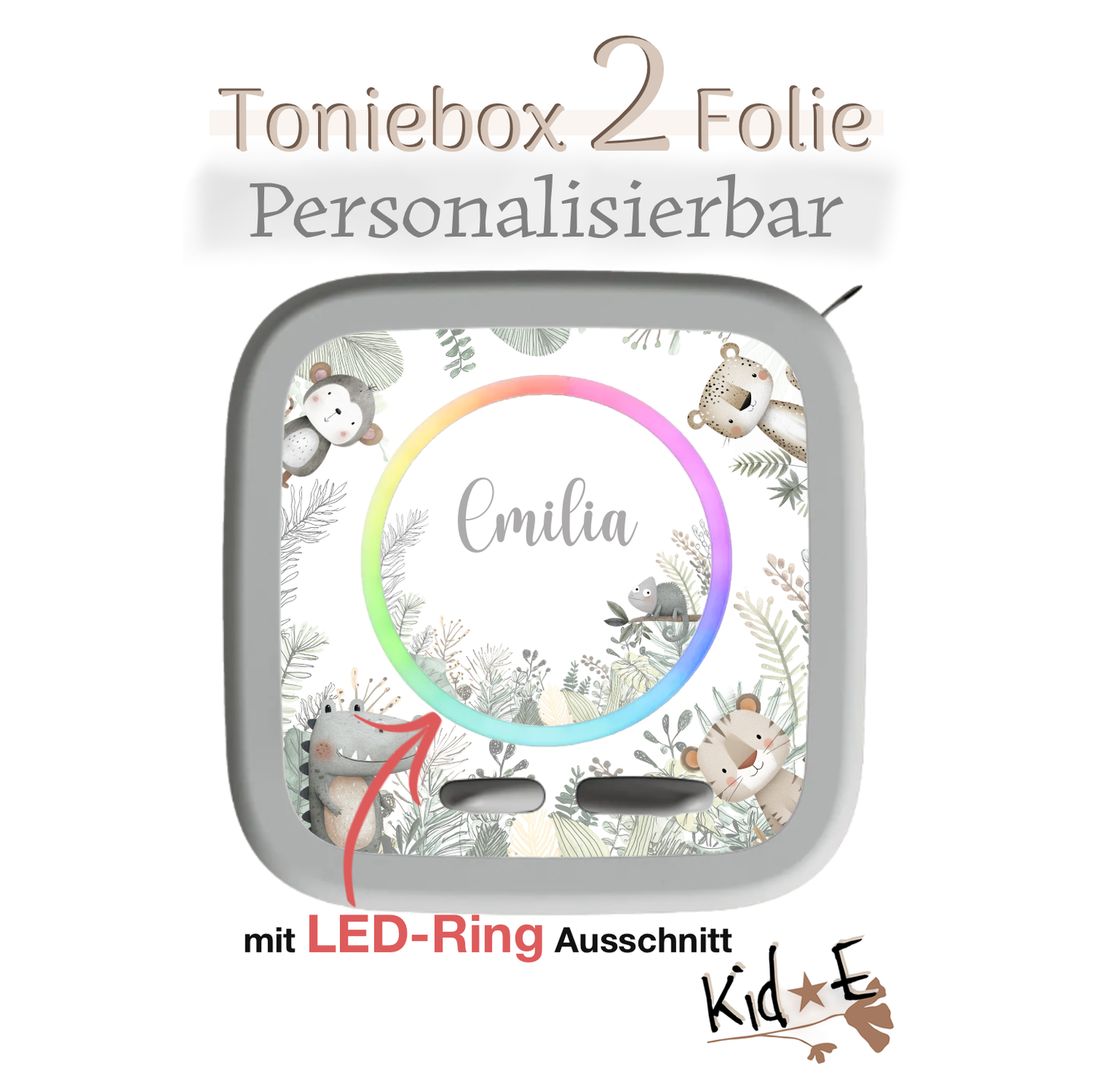 Toniebox 2 Schutzfolien Aufkleber Folie - Kid E Handmade Zubehör mit Name personalisiert Boho Grün Dschungel Tiere Safari Pastell Tiger Krokodil Affe Chameleon Leopard