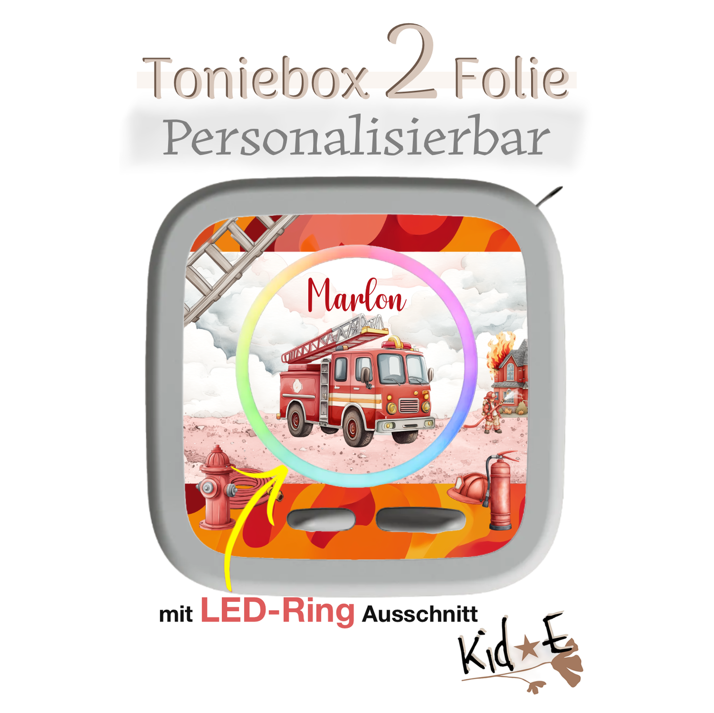 Toniebox 2 Schutzfolien Aufkleber Folie - Kid E Handmade Zubehör mit Name personalisiert Feuerwehr Auto Rot