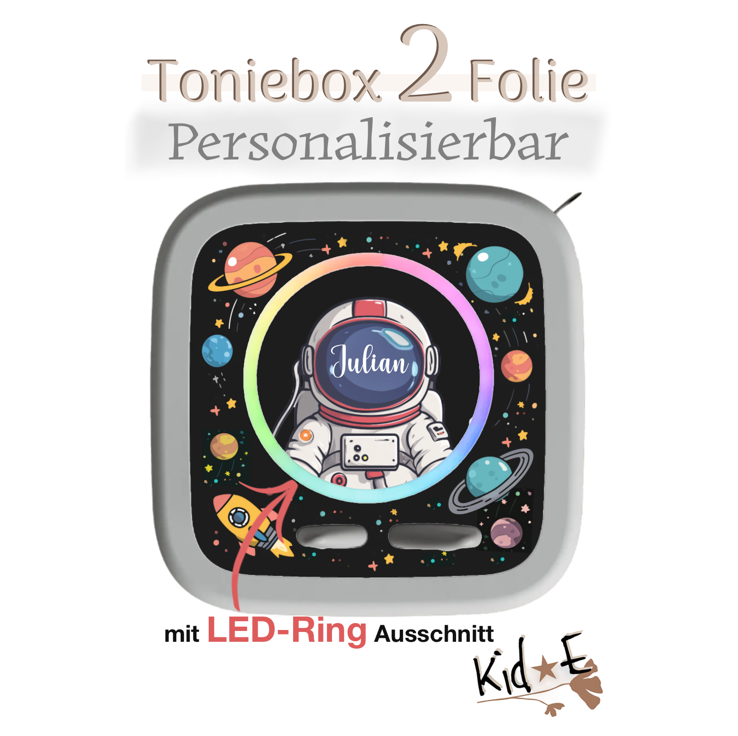 Toniebox 2 Schutzfolien Aufkleber Folie Schwarz - Kid E Handmade Zubehör mit Name personalisiert Astronaut Weltall Rakete Planeten 