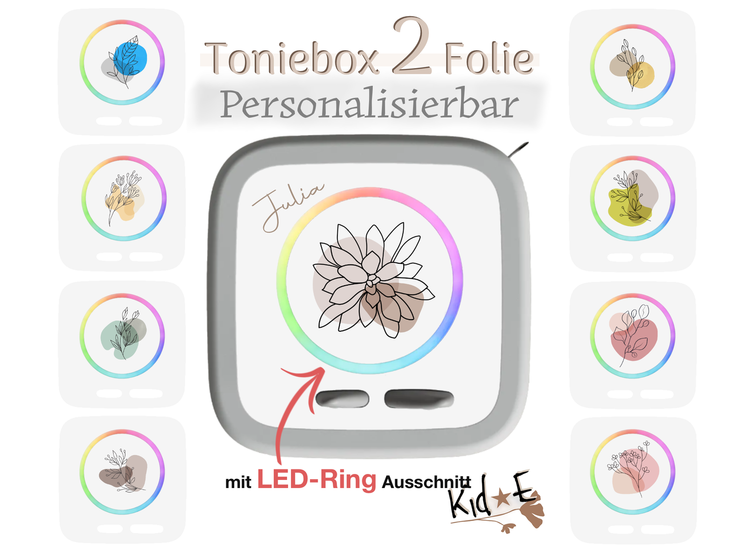 Toniebox 2 Zubehör personalisiert mit Name Blumen Folie Handmade Beige Grün Altrosa Blau Gelb