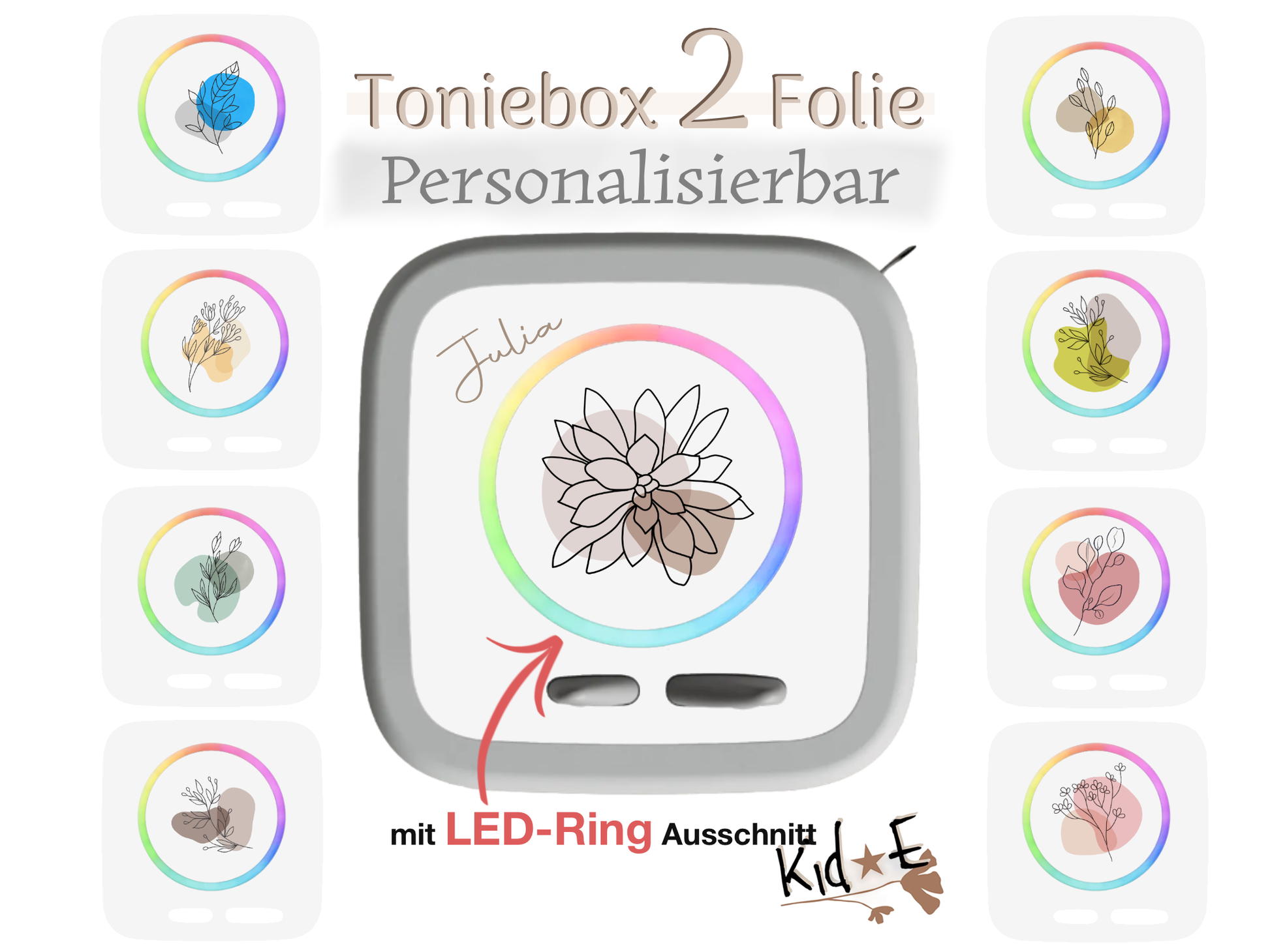 Toniebox 2 Zubehör personalisiert mit Name Blumen Folie Handmade Beige Grün Altrosa Blau Gelb